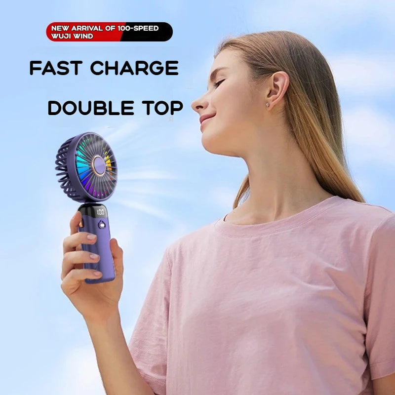 2026 Hot Handheld Mini Fan Foldable Portable Neck Hanging Fans 5 Speed USB Rechargeable Fan with Phone Stand and Display Screen