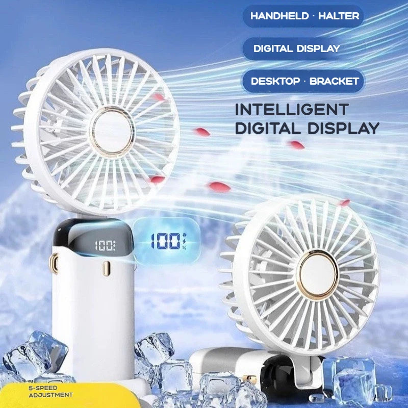 2026 Hot Handheld Mini Fan Foldable Portable Neck Hanging Fans 5 Speed USB Rechargeable Fan with Phone Stand and Display Screen