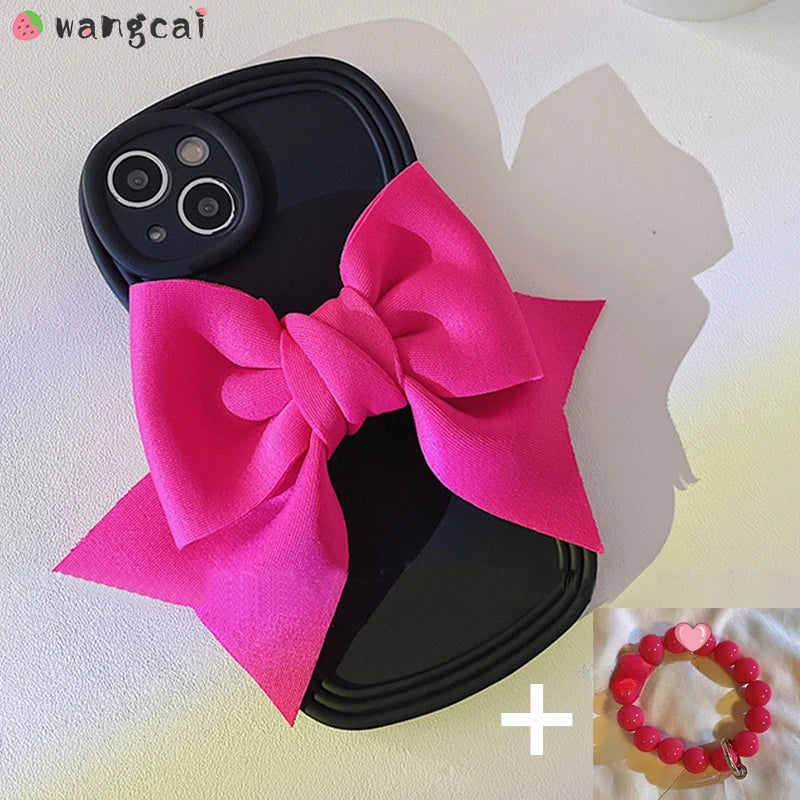 Luxury 3D Bow Phone Case For iPhone 15 14 Plus 13 12 11 Pro Max Mini X XR XS Max 8 7 6 6s Plus SE Wave Cover With Bracelet