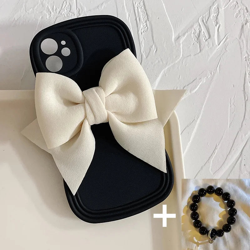 Luxury 3D Bow Phone Case For iPhone 15 14 Plus 13 12 11 Pro Max Mini X XR XS Max 8 7 6 6s Plus SE Wave Cover With Bracelet