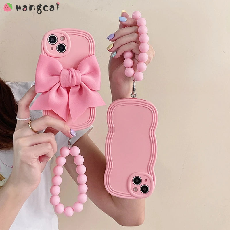 Luxury 3D Bow Phone Case For iPhone 15 14 Plus 13 12 11 Pro Max Mini X XR XS Max 8 7 6 6s Plus SE Wave Cover With Bracelet