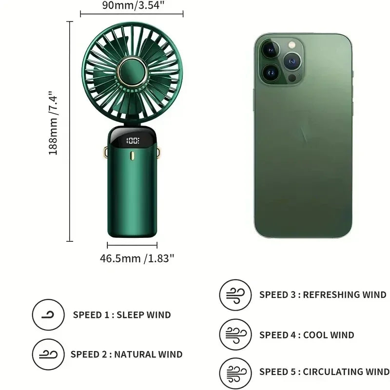 Handheld Fan Portable Rechargeable 5 Speed LED Digital Display 90° Adjustable USB Personal Fan with Aromatherapy for Home Office