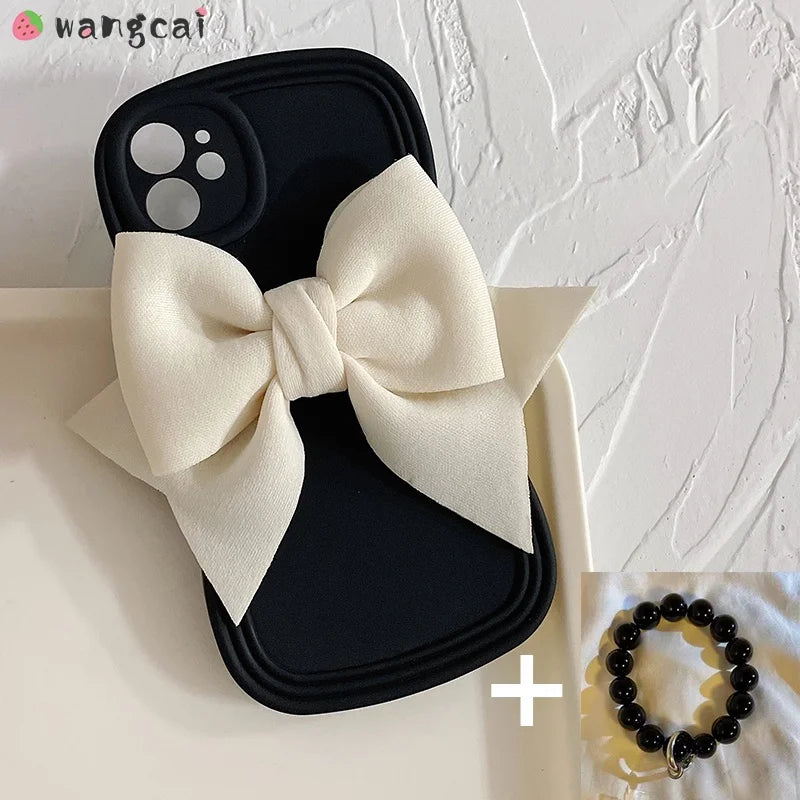 Luxury 3D Bow Phone Case For iPhone 15 14 Plus 13 12 11 Pro Max Mini X XR XS Max 8 7 6 6s Plus SE Wave Cover With Bracelet