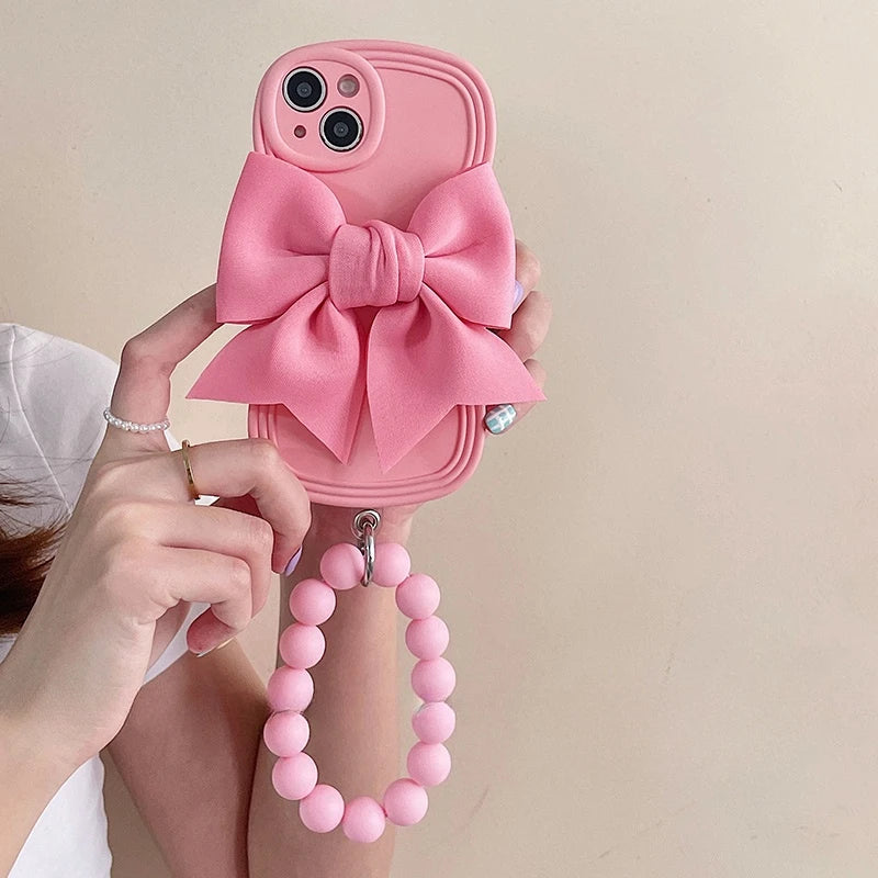Luxury 3D Bow Phone Case For iPhone 15 14 Plus 13 12 11 Pro Max Mini X XR XS Max 8 7 6 6s Plus SE Wave Cover With Bracelet