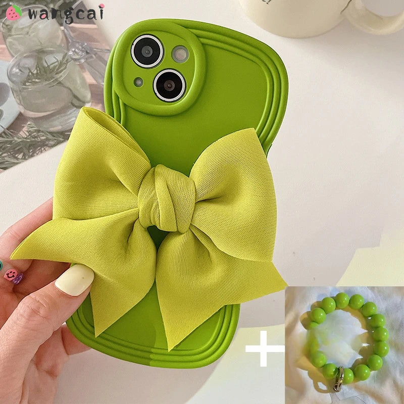 Luxury 3D Bow Phone Case For iPhone 15 14 Plus 13 12 11 Pro Max Mini X XR XS Max 8 7 6 6s Plus SE Wave Cover With Bracelet