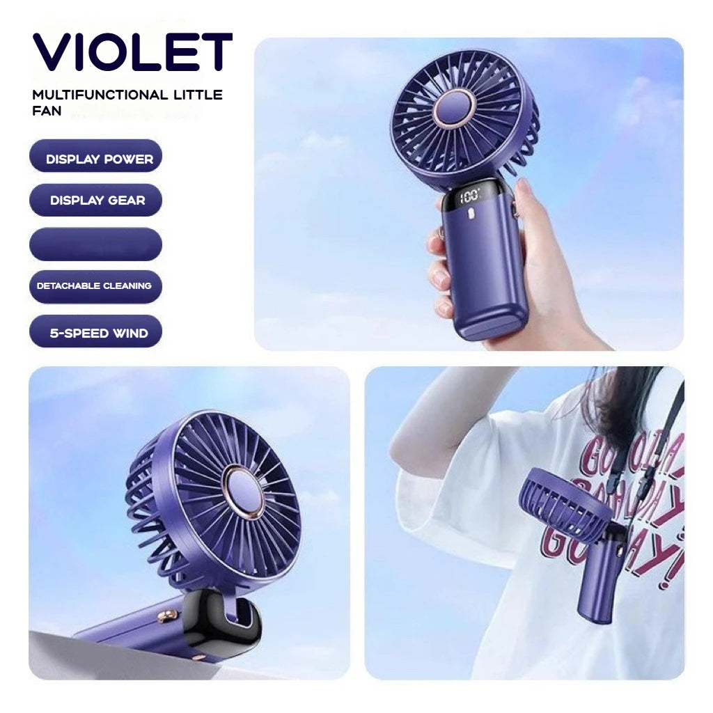 2026 Hot Handheld Mini Fan Foldable Portable Neck Hanging Fans 5 Speed USB Rechargeable Fan with Phone Stand and Display Screen